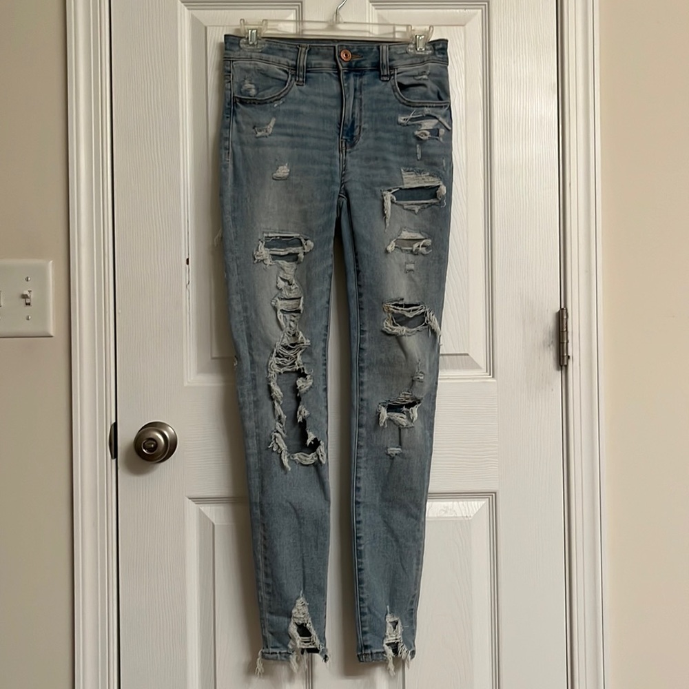 American Eagle Next Level Stretch Ripped Lt Wash Blue Cotton-blend Jeans Size 2